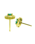 14k yellow gold emerald halo diamond stud earrings with deep bluish-green round cut emeralds.