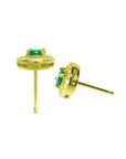 14k yellow gold emerald halo diamond stud earrings with deep bluish-green round cut emeralds.