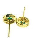 Upside down position of a pair of emerald stud earrings yellow gold, downside profile.