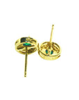 14k yellow gold emerald halo diamond stud earrings with deep bluish-green round emeralds.