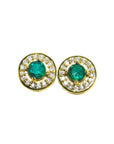 14k yellow gold halo diamond natural colombian emerald stud earrings.
