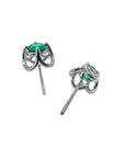 Tulip emerald stud earrings with round green emeralds in 14K white gold, strong tulip design.