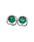 Pair of emerald tulip natural emerald stud earrings made of 14k white gold.