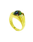 Gold ring with a natural black opal and small side diamonds on a top and partial side perspective view.