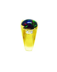 Men's 14K yellow gold ring with a vibrant Ethiopian black opal and two small diamonds.