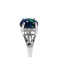 Sterling silver ring with a 2.15 ct black Ethiopian opal gemstone, showing green-blue play of color.