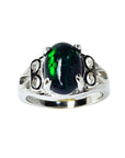 Sterling silver ring with a dark green-blue Ethiopian black opal gemstone.