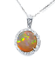 Ethiopian Welo opal pendant with red flashes, diamond halo, and 14K white gold chain.