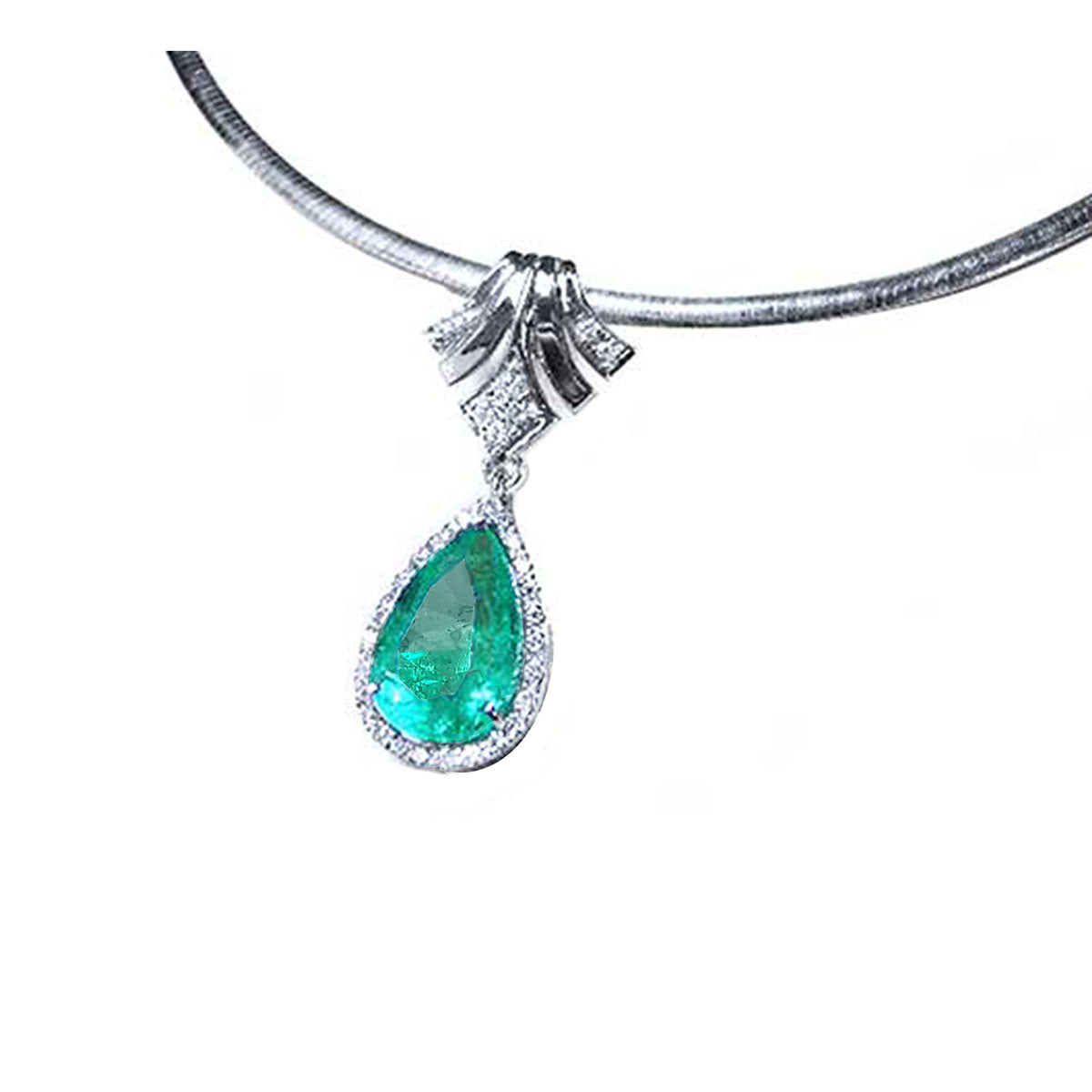 Natural Colombian emerald necklace pear cut emerald medium green hue 6.01 carats encircle by a halo of natural diamonds