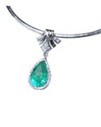 Natural Colombian emerald necklace pear cut emerald medium green hue 6.01 carats encircle by a halo of natural diamonds
