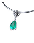 6.01 carat pear-shaped emerald enhancer necklace with halo diamonds in 18K white gold.