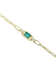 14K yellow gold paper clip bracelet with a rectangular emerald and diamond accents.