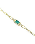14K yellow gold paper clip bracelet with a rectangular emerald and diamond accents.