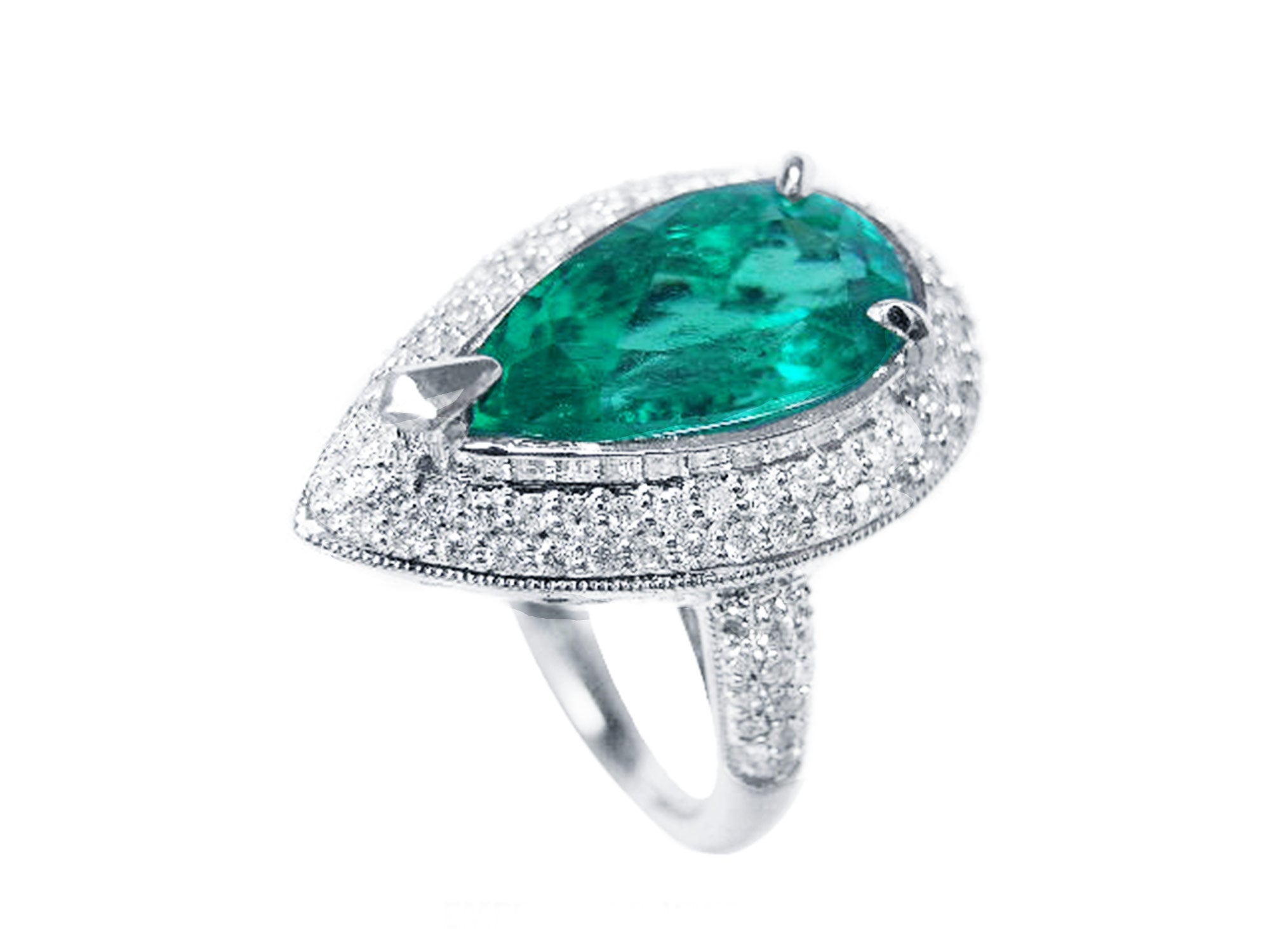 Anillo de oro blanco con esmeralda corte de pera y diamantes para dama