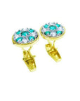 Men's round gold cufflinks with natural emeralds and diamonds.