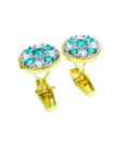 Men's round gold cufflinks with natural emeralds and diamonds.