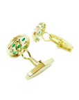 Men's round gold cufflinks with natural emeralds and diamonds.