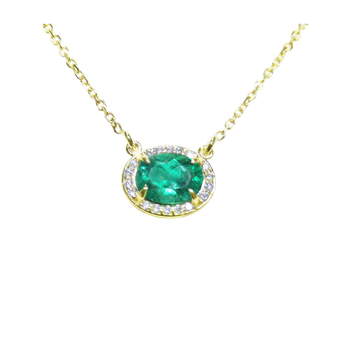 Emerald necklace oval cut east west orientation from Muzo mines Colombia halo natural diamonds
