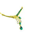 A 14k yellow gold necklace with natural emeralds gemstones and diamonds marquise and pera cut.