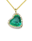 3.18 Carats Tilted Heart Emerald Necklace Halo Diamonds 18K Gold