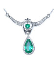 Front view of Emerald jewelry necklace pear-shaped Muzo mine accented by natural diamonds