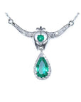 Emerald jewelry necklace pear-shaped Muzo mine accented by natural diamonds.