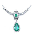 Emerald jewelry necklace pear-shaped Muzo mine accented by natural diamonds.