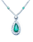 front view of emerald jewelry necklace pear-shaped Muzo emerald with a rich, deep green hue, set in 18K white gold