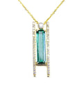 14K yellow gold necklace with a baguette-cut emerald, accent diamonds, and a sliding tube bail.