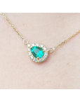 May's birthstone emerald Pear shaped necklace vibrant medium deep Color 14K Yellow Gold