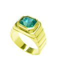 Men's 18K yellow gold ring with a rectangular, medium-deep green emerald in a full bezel setting.