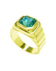 Men's 18K yellow gold ring with a rectangular, medium-deep green emerald in a full bezel setting.