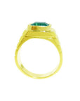 Men's 18K yellow gold ring with a medium-deep green emerald in a full bezel setting, masculine design.