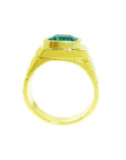 Men's 18K yellow gold ring with a medium-deep green emerald in a full bezel setting, masculine design.