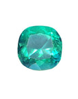 Cushion cut loose natural Colombian emerald GIA certified, displays a vibrant medium-deep bluish-green hue.