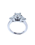 14K white gold ring with a princess cut diamond center and two trillion side diamonds.