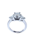 14K white gold ring with a princess cut diamond center and two trillion side diamonds.