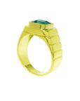 Men's 18K yellow gold ring with a rectangular, medium-deep green emerald in a full bezel setting.