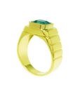 Men's 18K yellow gold ring with a rectangular, medium-deep green emerald in a full bezel setting.