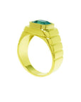 Men's 18K yellow gold ring with a rectangular, medium-deep green emerald in a full bezel setting.
