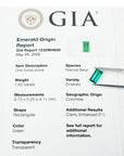 GIA emerald origin report with a green gemstone held by tweezers.