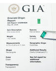 GIA emerald origin report with a green gemstone held by tweezers.