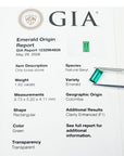 GIA emerald origin report with a green gemstone held by tweezers.