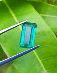 2.47 carat GIA certified loose Colombian emerald, sparkling bluish-green, held by tweezers on a green leaf.