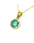 Gir's May birthstone round cut natural Colombian emerald necklace halo diamond 14k yellow gold