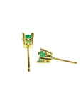 Girls' natural emerald stud earrings round cut yellow gold, side position to show strong settings
