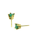 Girls' natural emerald stud earrings round cut yellow gold, front top and horizontal positions