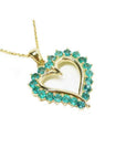 14k yellow gold heart-shaped pendant with round cut natural colombian emeralds.