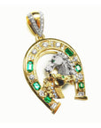 Equestrian jewelry natural emerald horseshoe pendant and natural diamonds crafted in 18k yellow gold.