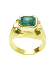 18K yellow gold men's ring with a square emerald cut, medium green Muzo Colombian emerald in a full bezel setting.